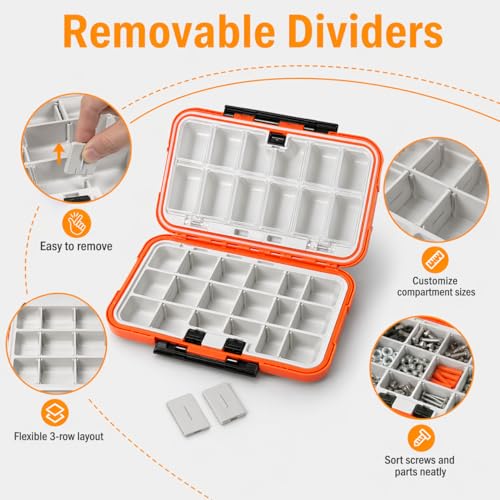 Small Parts Organizer with Dividers, 30-Compartments Hardware Tool Storage Box, Waterproof Seal & Locking Parts Organizers Case for Nail Screws, Nuts, Bolts, Orange