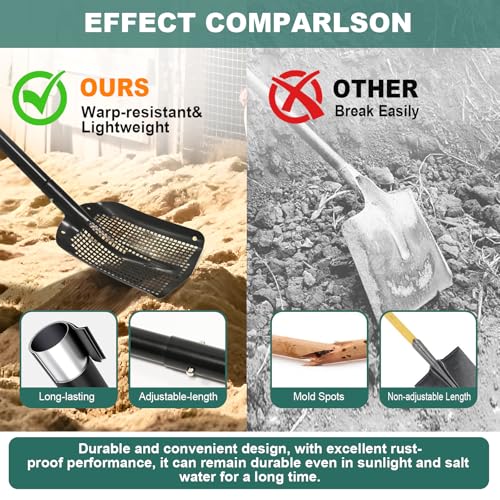 VYNTRA 47.7" Metal Sifting Shovel, Adjustable Sand Sifter for Chicken Coop, Farm Goat Stall & Garden, Beach-Heavy Duty Durable Mesh Screen for Poop Cleaning Durable Sifter Shovel Ergonomic Grip Black