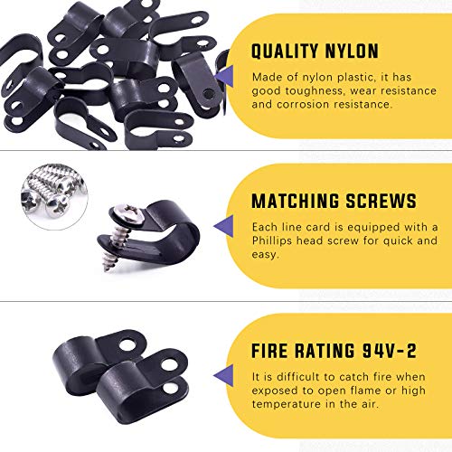 Swpeet 60 Pack Black 3/8 Inch Nylon Plastic R-Type Cable Clips Clamp Kit, Nylon Screw Mounting Cord Fastener Clips with 60 Pack Screws for Wire Management (3/8 Inch, Black) - color: Black, size: 3/8 Inch