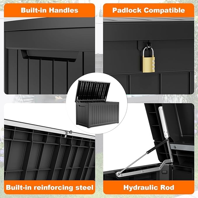 PatioZen 230 Gallon Resin Deck Box, Lockable Patio Outdoor Storage Box for Furniture, Garden Tools and Tools Storage, Waterproof Outside Storage Boxes - Black - color: Black, size: 230 Gallon