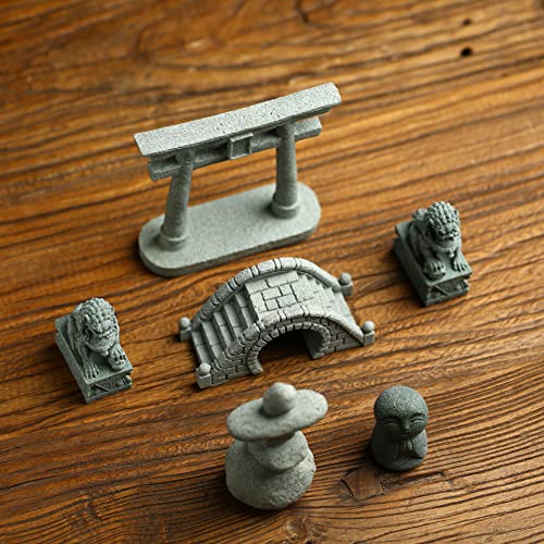 6 PCS Mini Zen Garden Accessories, Miniature Garden Bridge Foo Dogs Torii Gate Sandstone Figurines Meditation Zen Decor Japanese Fish Tank Terrarium Decorations Plant Pots Bonsai Craft Decor (M) - style: Garden
