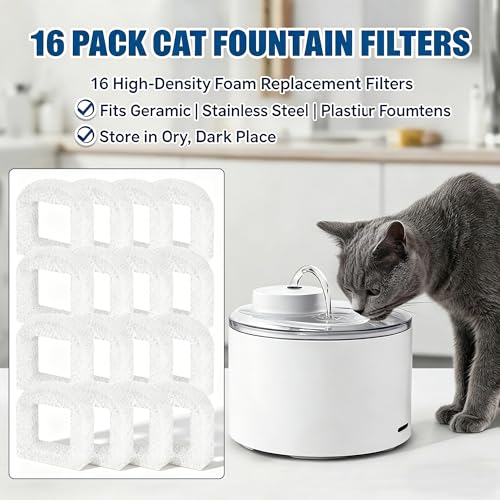 Cat Water Fountain Filters, 16 Pack Pet Fountain Replacement Foam Sponge Pre-Filters Fit for Multiple Ceramic and Stainless Steel Pet Fountains