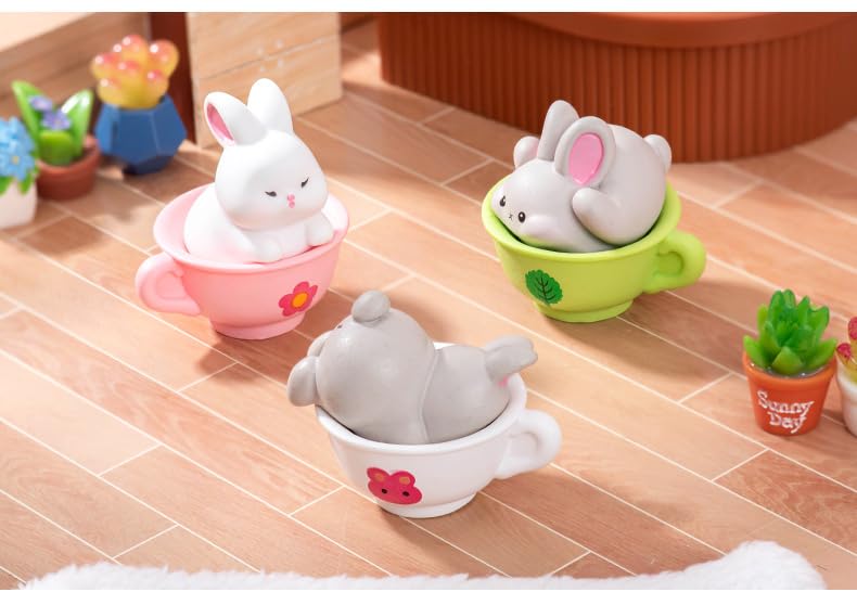 6PCS Brown Rabbit/Porcelain Cup Resin Figurines – Creative DIY Miniature Animal Ornaments for Micro Landscape, Fish Tank Aquarium Decor, Fairy Garden, Moss Decoration, Desktop Display, Car Accessories