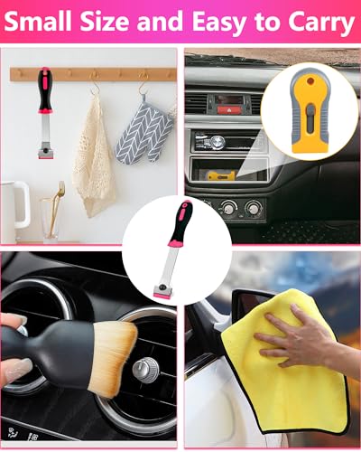 2 Pack Razor Blade Scraper with 10 Plastic and 20 Metal Blades for Removing Paint, Registration Sticker, Grease from Windshield, Glass Top Stove Cooktop Scraper(Pink) - color: Pink-yellow