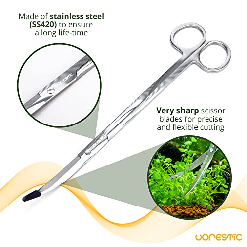 VORESTIC 2PCS 15" Curved Aquarium Tweezers Long and 9.8" Aquarium Scissors, Feeding Tongs and Scissors with Protective Cap, Stainless Steel Aquascaping Tools for Plant Trimming and Reptile Feeding