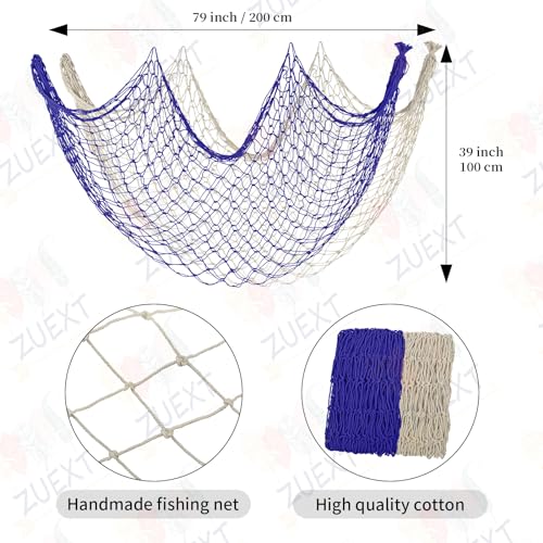 ZUEXT Decorative Fishing Net Dark Blue & Beige 80x40 Inch, 2 Pack Large Picture Fish Net, Wall Photo Hanging Fishnet for Nautical Mermaid Pirate Ocean Themed Hawaii Beach Under The Sea Party Decor - color: Dark Blue & Beige, size: 80" x 40" - 2 Pack