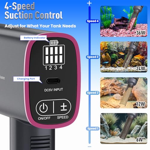 Cordless Electric Aquarium Gravel Cleaner: Rechargeable Fish Tank Cleaner with 4 Adjustable Suction, Anti-Clog for Debris Clean & Sand Washing,650GPH Automatic Water Changer for Small/Large Tank