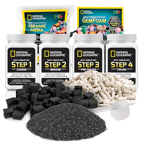 NATIONAL GEOGRAPHIC Rock Tumbler Grit & Media Refill Kit – Rock Polishing Supplies Kit, 4-Stage Silicon Carbide Bulk Grit, 1.5 Pounds of Ceramic Pellets, Stone Tumbling & GemFoam Polishing Media - style: Complete Media Kit