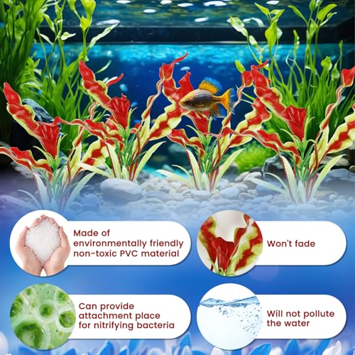 4 Pack Plastic Aquarium Plant Set, 7.1 Inch Deep Red Artificial Fish Tank Plants with Base for Aquarium Decor Accessories Fish Tank Decorations - color: Dark Red