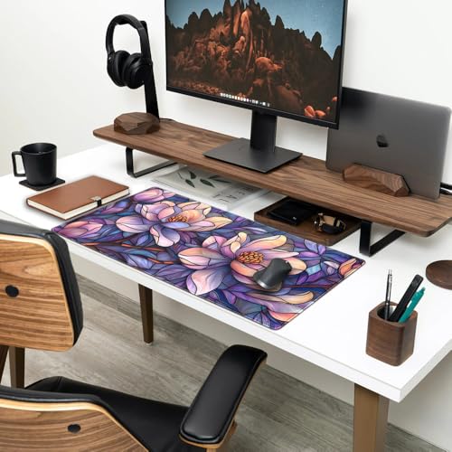 Floral Desk Mat Gaming Large Mouse Pad Desk Keyboard Pad, Long Computer Mat Faux Stained Glass Artistic Patterns Mouse Mat, Aesthetic Floral Purple & Pink Desk Protector Office Decor 31.5" X 15.7" - color: Purple