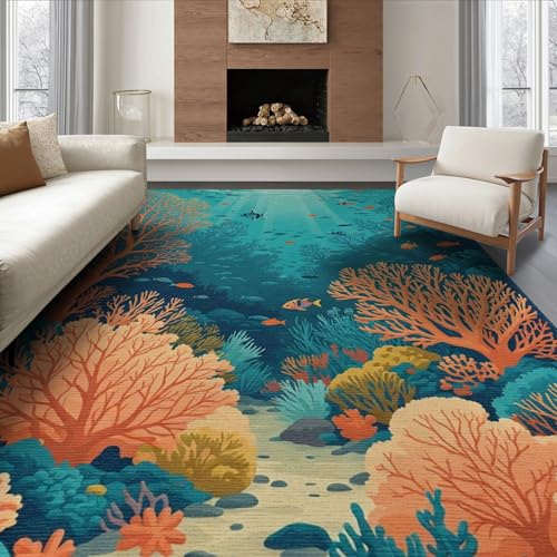 8'x10' Washable Graphic Fish Area Rug, Orange Foldable Oversized Carpet for Living Room, Under Sectional, Family Room, Non-Slip Flatwoven Floor Covering | Ref:1993995 - color: Blue/Pattern 42, size: 8' x 10' (Rectangular)
