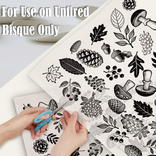 SUPERDANT 4PCS Forest Underglaze Paper Transfer Pinecone Mushroom Transfer Paper for Clay Ceramic Porcelain Under Glaze Transfers for Pottery Enamel Decals Black Underglaze Decal Papers - style: Forest Elements