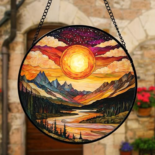 DASTOLL Stained Glass Window Hanging, Dusk Sunset Landscape Sun Catchers Glass Panel Lakes and Mountains Suncatcher Decor for Birthday for Women, Men, Wife, Aunt, and Mom 9.8 in - color: Golden Red, size: 9.8x9.8 IN
