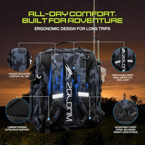 Waterproof Fishing Backpack with Tackle Boxes, Rod Holder & Foldable Net - 40L Fishing Tackle Bag with Trays Included, Extra Storage Gear and Equipment, Rain Cover, Fisherman Gift for Men - color: Black Camo