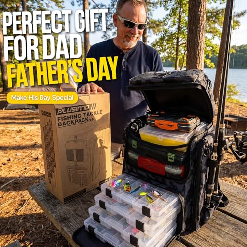 PLUSINNO Fishing Tackle Backpack with Rod Holders，42L Water-resistant Fishing Bag Store Fishing Gear, Fisher Gifts For Men. - color: Black Camouflage.
