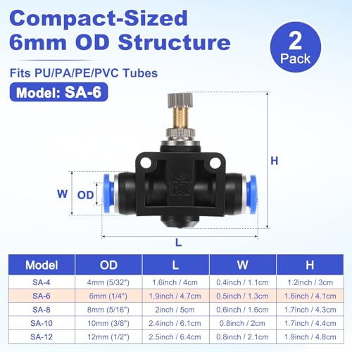 M METERXITY 2-Pack Air Flow Control Valve with Push-to-Connect Fitting, 6mm(1/4") OD Pneumatic Quick Speed Controller Union Straight for Polyethylene/Nylon/PU Pipes - size: 6mm(1/4")