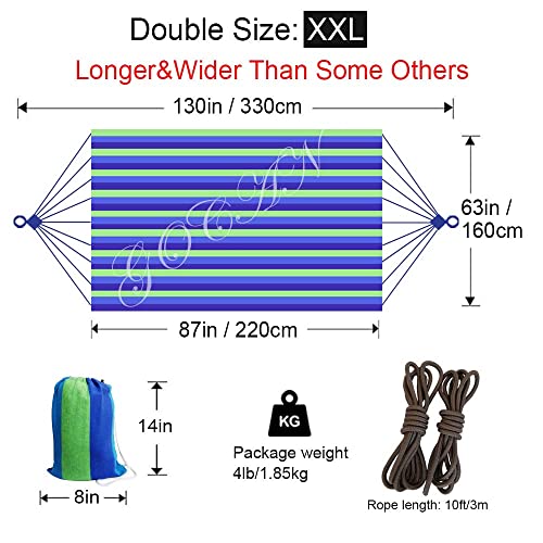 GOCAN Brazilian Double Hammock 2 Person Extra Large 220x160cm Total Length 330cm Load 500lb Canvas Cotton Hammock for Patio Porch Garden Backyard Lounging Outdoor and Indoor(Blue/Green) XXL - color: Blue/Green Stripe