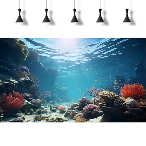 Under The Sea Aquarium Background Underwater World Fish Tank Background Ocean Floor Coral Reef Sunray Terrarium Backgrounds Tropical Fish Ocean Aquarium Backgrounds for Fish Tank Decorations 24x12in - color: Ocean Blue, size: 24(W)x12(H)inches/ 60(W)*30cm