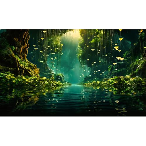 Jungles Aquarium Background Dense Rainforest Tranquil Lake Terrarium Background Foggy Sunbeams Forest Jungle Style Theme Fish Tank Backdrop Wallpaper Tank Poster Decorations Vinyl 30x12in - color: Green, size: 30(W)x12(H)in