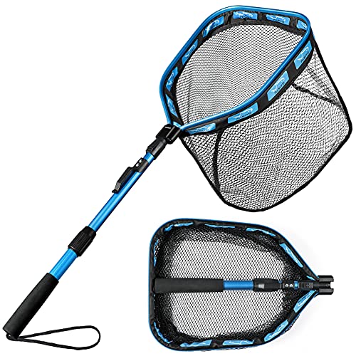 PLUSINNO Floating Fishing Net for Steelhead, Salmon, Fly, Kayak, Catfish, Bass, Trout Fishing, Rubber Coated Foldable Landing Net with Fixed or Telescoping Pole Handle, Fishing Gear and Gifts for Men - color: 11.8"/30cm Hoop Size 1.0M Blue Pole (Telescopi