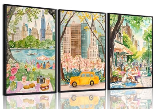 XLARTMY New York City Poster Travel Wall Art Canvas Framed Watercolor NYC Central Park Landmarks Artwork Decor Painting Prints Pictures Set of 3 for Bedroom Living Room Office 12x16in Unframed - color: Watercolor City, size: 12x16in Poster