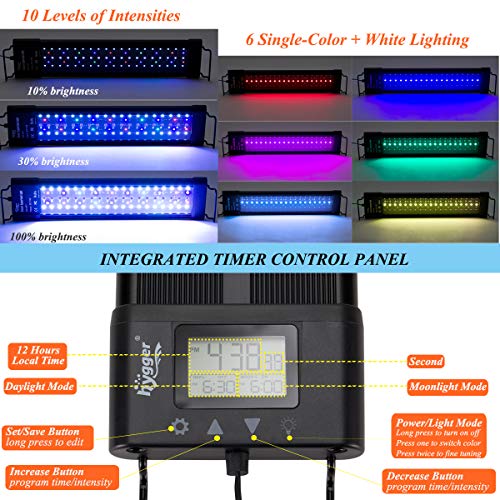 hygger Auto On Off LED Aquarium Light Dimmable 7 Colors Full Spectrum Fish Tank Light Fixture for Freshwater Planted Tank Build in Timer for 36-42 Inch Long Aquariums - size: 36"-42"