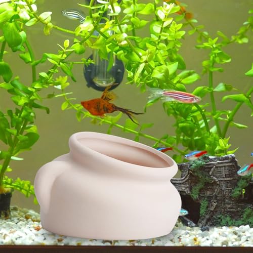AnRui Pottery Jar Natural Fish Tank Decortation Aquarium Decor Betta Cave Hideout Ornament Accessories for Fish, Shrimp, for Fish Tanks of 5/10/15 Gallons, Beige