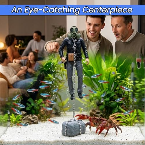 Floating Fish Tank Decoration- Chained Killer of The Deep, Survival Horror Action Figure with Detachable Gas Mask & Weapons - Resin Sinking Ornament with Stone Anchor, Cool DIY Aquarium Decoration