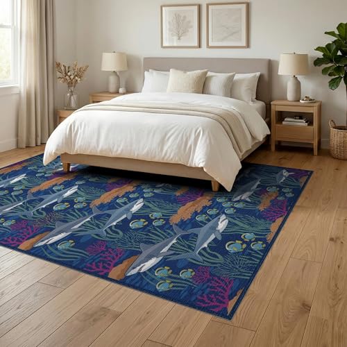 6'x9' Washable Flatwoven Rug, Gray Modern Shark Stain Resistant Large Carpet Non-Slip Chair-Friendly Floor Mat for Dining Room, Under Table, Office | Ref:2068689 - color: Blue/Pattern 26, size: 6' x 9' (Rectangular)