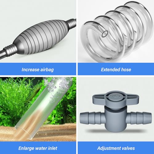Fish Tank Vacuum Gravel Cleaner with Manual Pump – Flows Adjustable Aquarium Siphon with 3 Different Nozzles Water Changer for Home