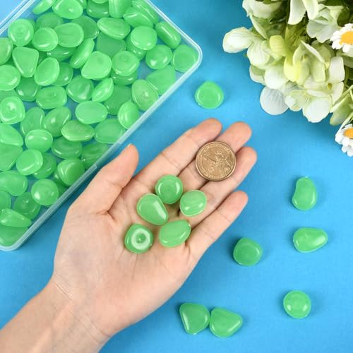 1 Box 100Pcs Glow in The Dark Pebbles Glowing Aquarium Rocks Fish Tank Gravel Luminous Resin Stones Green Decorative Nuggets for Garden Pathway Outdoor Driveway Pot Plants Bonsai Display - color: Green