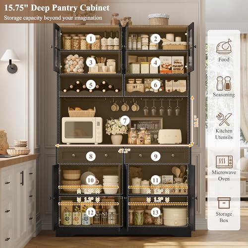 HOSTACK 75.4" Tall Kitchen Pantry Cabinet with Charging Station, Modern White Kitchen Hutch with Microwave Stand and Wine Rack, Large Food Pantry Storage Cabinet with Glass Doors and Drawers, Black - color: Black