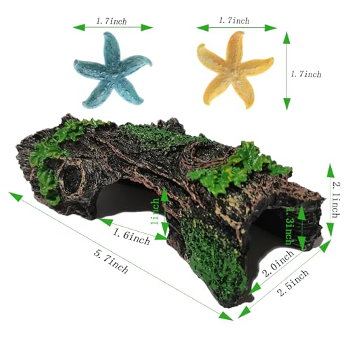 Starfish and Resin Hollow Tree Trunk Fish Tank Decorations, Betta Fish Tank Accessories, Aquarium Arnaments Hollow Tree x 1pc, Fish Aquarium Decorations Starfish x 2pcs(Blue and Yellow)