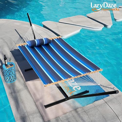 Lazy Daze Hammocks 12 FT Sunbrella Fabric Hammock Non-Fading with Spreader Bars and Free Pillow Fits for 2 Persons, All Weather and Fade Resistant for Patio Yard, 450 lbs Capacity, Gateway Indigo - color: Gateway Indigo