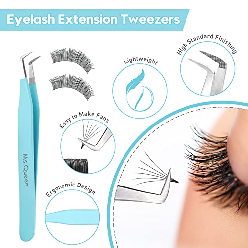 Ms.Queen Volume Tweezers For Eyelash Extensions, Fiber Tip Grip Lash Tweezers L-Shape Boot Mega Volume Mink Lashes Tweezers, Blue - style: 90 Degree Boot Tweezers