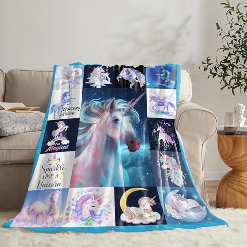 Unicorn Blanket for Girls Kids Women Adults Soft Cozy Flannel Fleece Blue Fantasy Unicorn Throw Blanket Gifts Warm Fluffy Plush Decor for Couch Sofa 50"x40" - color: Blue Unicorn, size: 50"x40"
