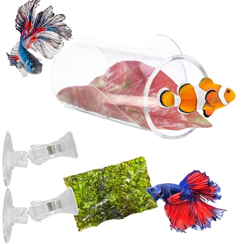 Betta Tunnel with 2 Pcs Veggie Clips for Aquarium, Betta Hideout Tunnel, Leaf Pad Tube and Fish Food Clip, Leaf Clip Feeding Tool, Bettas Fish Tank Accessories for Breeding Resting Feeding (S, Tube)