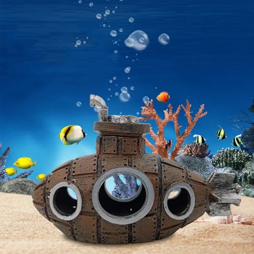 Fish Tank Decoration Craft Aquarium Ornament Pet Supplies Fish Shrimp Hiding Home Decoration Broken Submarine Design(Yellow)
