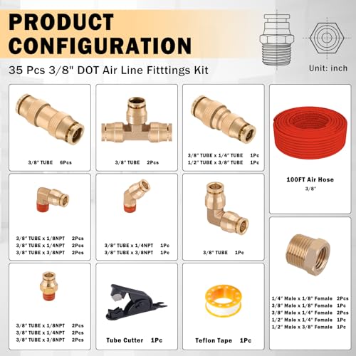 CheeMuii 3/8 Brass DOT Air Fittings With 100 FT 3/8" DOT Air Line Kit Quick Connect Air Line Fittings and Red Pneumatic Tubing for Semi Truck Trailer or Industrial Air Syste - color: red & gold, size: 3/8"100ft-35pcs