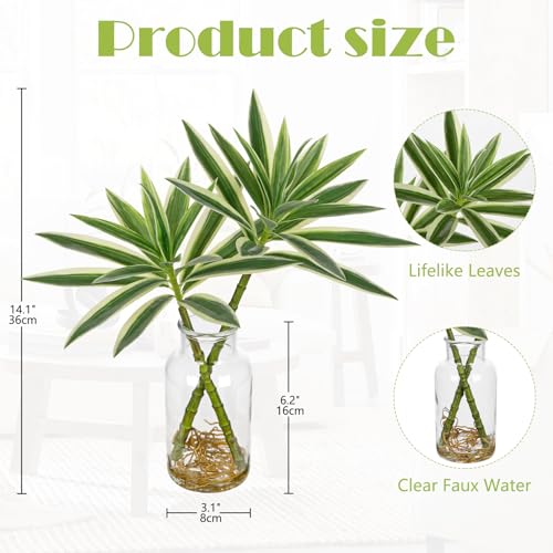 Artificial Plants Stems in Glass Vase with Faux Water,Fake Silk Plant Dracaena Leaves for Centerpiece Table Decorations Farmhouse Wedding Home Greenery Decor (Green and White) - color: White and Green#2