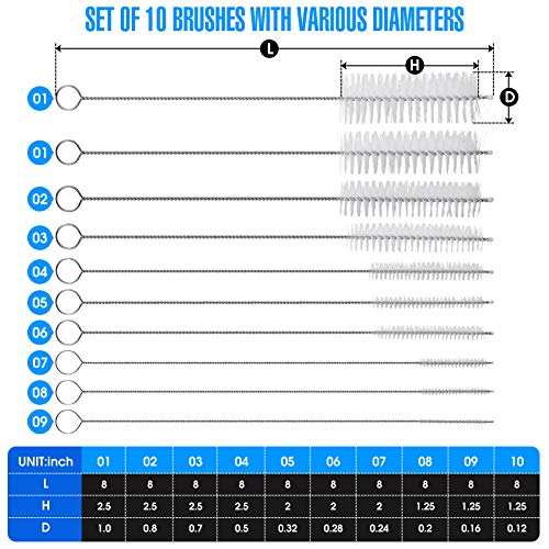 10 Piece Stainless Steel Straw Cleaning Brush Set - Durable Nylon Bristles - Multi-Size for Reusable Straws, Sippy Cups, and Narrow Neck Containers - color: Black
