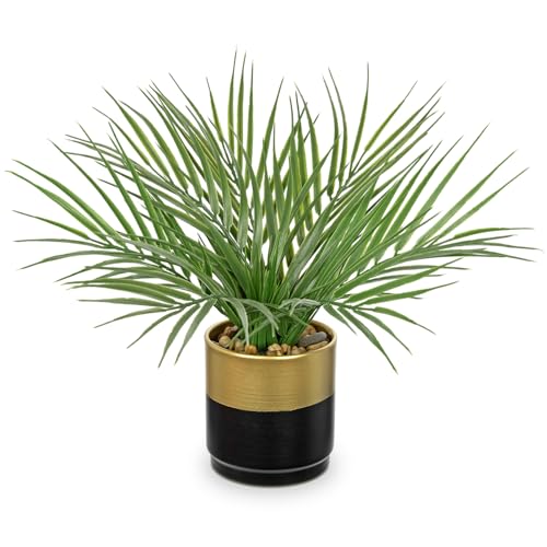 Hollyone Large Artificial Potted Plants Fake Palm Plants 13" Faux Tropical Palm Plant Tree in Gold and Black Metal Pots for Home Room Office House Indoor Decoration - color: 13" Palm Potted-gold & Black Pot