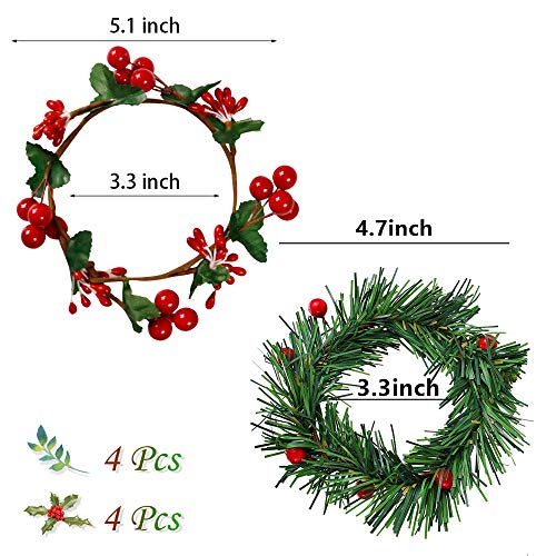 YBB 8Pcs Christmas Candle Rings, Small Artificial Red Berry Wreath Candle Holder Rings, Fits 3 Inch Pillars Candle Tapers for Rustic Wedding Centerpiece Christmas Table Decoration - color: 8pcs
