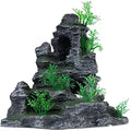 AnRui Aquarium Mountain View Rock Landscaping Decorations Fish Tank Resin Rock Hiding Cave Ornaments with Small Plant - size: 11.5"x 6"x 10.6"