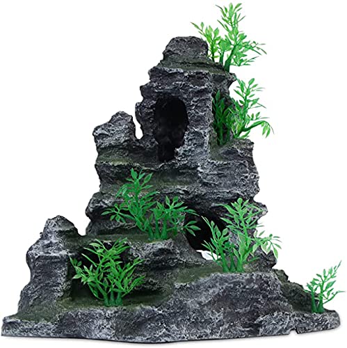AnRui Aquarium Mountain View Rock Landscaping Decorations Fish Tank Resin Rock Hiding Cave Ornaments with Small Plant - size: 11.5"x 6"x 10.6"