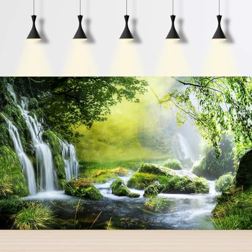 Waterfall Aquarium Background Majestic Jungle Rainforest Scenery Fish Tank Background Majestic Cascading Waterfalls Terrarium Backgrounds Idyllic Scenic Tranquil Lake Reptile Tank Backgrounds 24x12in - color: Foggy Green, size: 24(W)x12(H)in