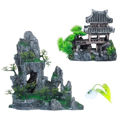 Saim Extra Large Aquarium Decorations, Resin Castle and Artificial Rock with Plants (Ancient Temple with Mountain) Fish Hideout Cave for Amano Shrimp Cichlid to Play, Hide and Rest Hardscape