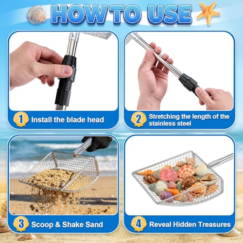 RGQSUN 2 Shark Tooth Sifters with 2 Seashell Bags, Beach Sand Sifter Set with Extendable Handles for Shell Collecting, Sea Glass, Shark Teeth and Small Beach Finds - color: Blue+Pink (2 set)