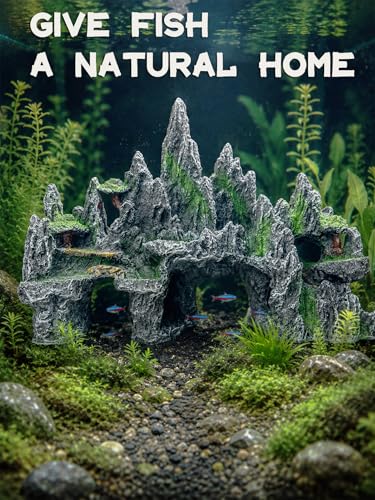 Aquarium Decor - Large Mountain Rock Cave for Fish Tank, Aquarium Hideout Ornament with Rock Texture for Betta, Guppy, Shrimp - Aquatic Hide Decoration, Fish Hiding House（Black） - color: Multi-peak Rock - Black