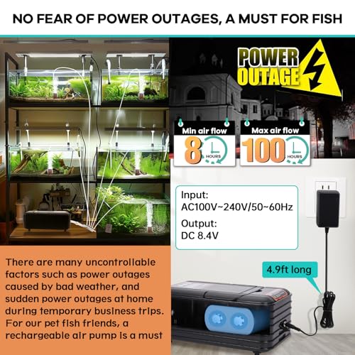 hygger IPX6 Rechargeable Aquarium Pond Air Pump, Powerful Quiet Tank Air Pump with Hose Air Stone Check Valve Adjustable Flow Diverter Valve for Fishing Yacht/Power Outages/Hydroponic - size: 240GPH - New